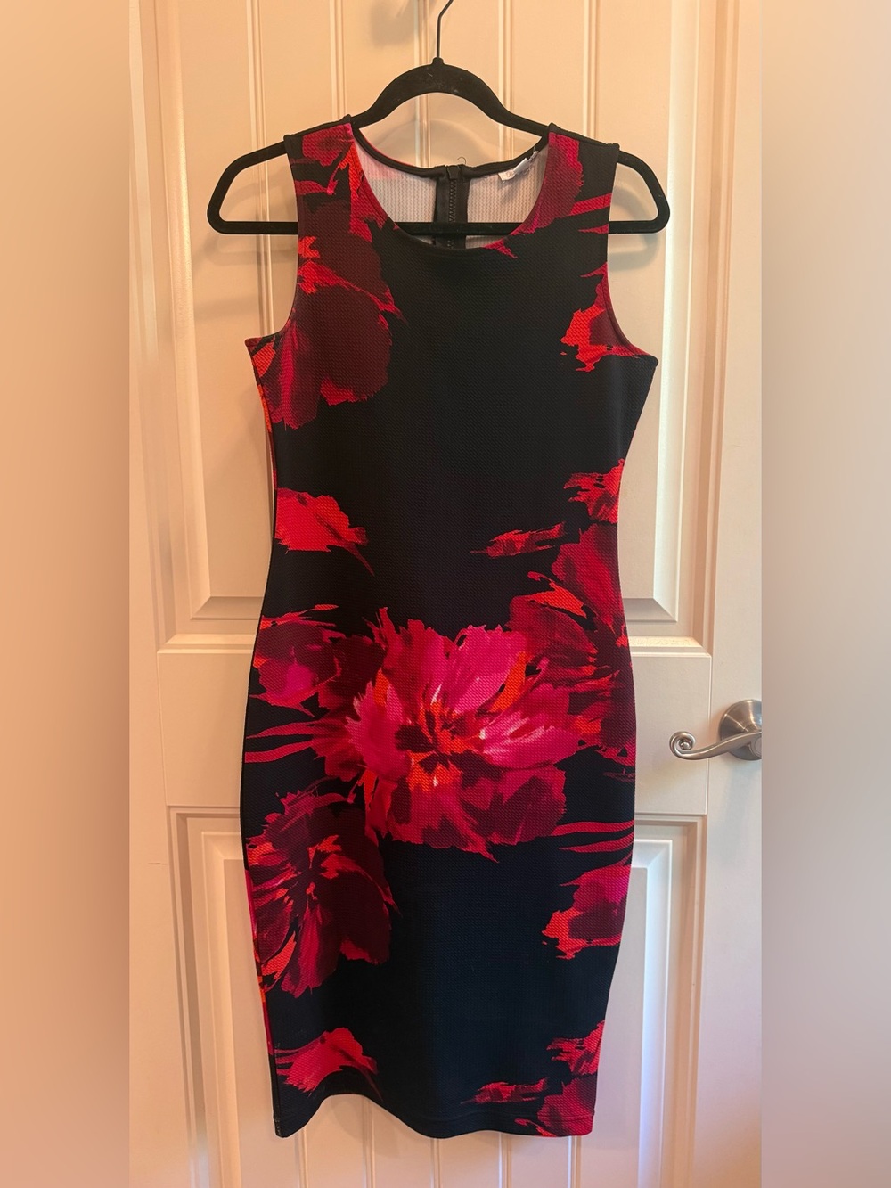 Sleeveless Black Dress with Red Floral Print